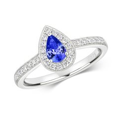 Diamond & Tanzanite Pear Shape Cluster With Set Shoulders Ring In 9ct White Gold 