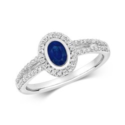 Diamond & Sapphire Oval Cluster With Set Split Shoulders Ring In 9ct White Gold 