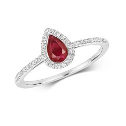 Diamond & Ruby Pear Shape Cluster With Set Shoulders Ring In 9ct White Gold 