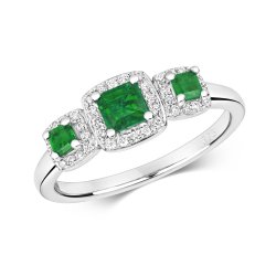 Diamond & Emerald Square Trilogy Cluster Ring In 9ct White Gold 