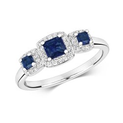 Diamond & Sapphire Square Trilogy Cluster Ring In 9ct White Gold 