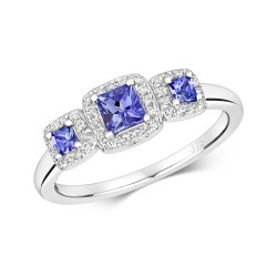 Diamond & Tanzanite Square Trilogy Cluster Ring In 9ct White Gold 