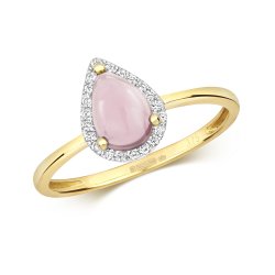 Diamond & Rose Quartz Pear Shape Cabochon Ring In 9ct Gold 