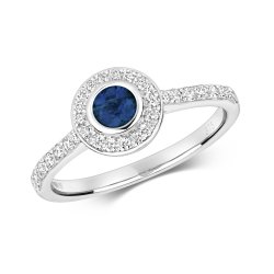 Diamond & Sapphire Round Rubover With Set Soulders Ring In 9ct White Gold 