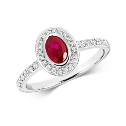 Diamond & Ruby Oval Rubover Cluster With Set Shoulders Ring In 9ct White Gold 