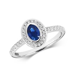 Diamond & Sapphire Oval Rubover Cluster With Set Shoulders Ring In 9ct White Gold 