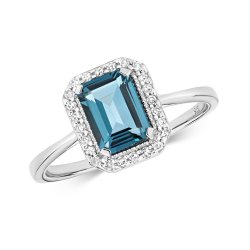 Diamond & London Blue Topaz Octagon Cluster Ring In 9ct White Gold 