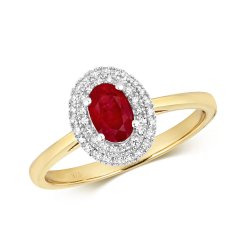 Diamond & Ruby Oval 2 Row Cluster Ring In 9ct Gold 