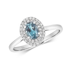 Diamond & London Blue Topaz Oval 2 Row Cluster Ring In 9ct White Gold 