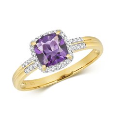 Diamond & Amethyst Cushion Cluster With 2 Row Set Shoulders Ring In 9ct Gold 