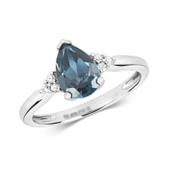 Diamond & London Blue Topaz Pear Shape Set With Triangular Sides Ring In 9ct White Gold 
