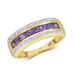 Diamond & Amethyst Channel And Grain Set 3 Row Half Eternity Ring In 9ct Gold 