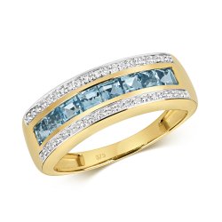 Diamond & Light Swiss Blue Topaz Channel And Grain Set 3 Row Half Eternity Ring In 9ct Gold 