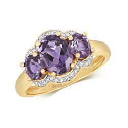 Diamond & Amethyst Oval Cluster Trilogy Ring In 9ct Gold 