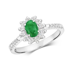 Diamond & Emerald Cluster White Set Shoulders Ring In 9ct White Gold 