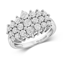 Diamond 3 Row Illusion Set Dress Ring In 9ct White Gold 