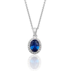 Silver Halo Blue Oval Cz  Claw Set Pendant And Chain SPG0025SA