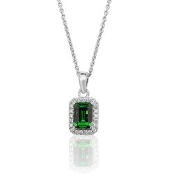 Silver Halo Green Emerald Cut Cz Bezel Set Pendant And Chain SPG0027EM