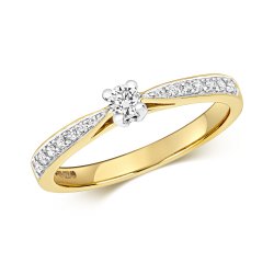 Diamond Solitaire With Grain Set Shoulders Engagement Ring In 9ct Gold 
