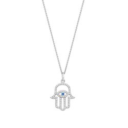 Silver Blue And White Cz Hamsa & Evil Eye Pendant And Chain SPG0071