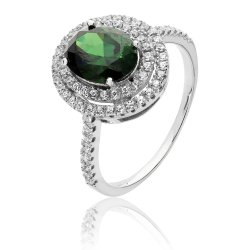 Silver Double Halo Green Oval Cz Ring SRG0039EM
