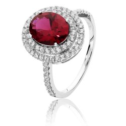 Silver Double Halo Red Oval Cz Ring SRG0039RU
