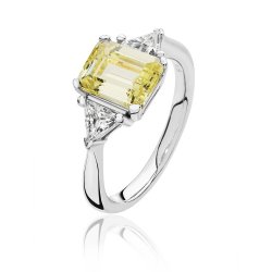 Silver Emerald Cut Centre Yellow Cz Claw Set With Traingular Sides Ring SRG0100YZ