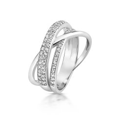 Silver Doulbe Grain Set Cz Band And Plain Band Crossover Ring SRG0103