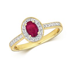 Diamond & Ruby Oval Cluster With Set Shoulders Ring In 9ct Gold 