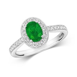 Diamond & Emerald Oval Cluster With Set Shoulders Ring In 9ct Gold 