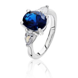 Silver Blue Oval Centre Cz Claw Set With Pear Shape Sides Triology Ring SRG0099SA