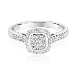 Diamond Cushion Cluster With Grain Set Shoulders Ring In 9ct White Gold 