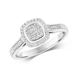 Diamond Cushion Cluster With Grain Set Shoulders Ring In 9ct White Gold 