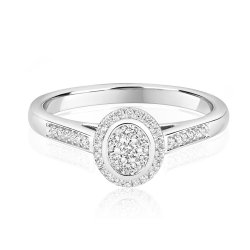 Diamond Oval Cluster With Grain Set Shoulders Ring In 9ct White Gold 