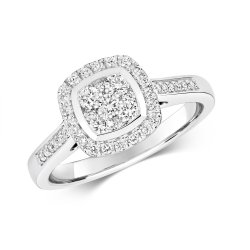 Diamond Cushion Cluster With Grain Set Shoulders Ring In 9ct White Gold 