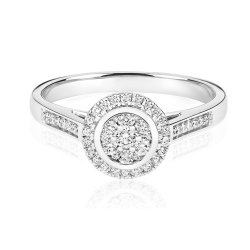 Diamond Round Cluster With Grain Set Shoulders Ring In 9ct White Gold 