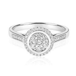 Diamond Round Cluster With Grain Set Shoulders Ring In 9ct White Gold 