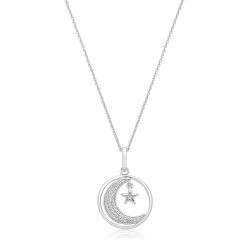Silver Rhodium Cz Set Moon & Star Pendant / Chain 