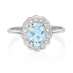 Diamond & Aquamarine Victorian Style Cluster Ring In 9ct White Gold 