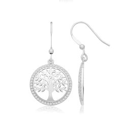 Silver Cz Tree Of Life Drop Earrings 