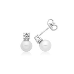 Silver Rhodium Plated Fresh Water Pearl/cz Earrings 6mm 