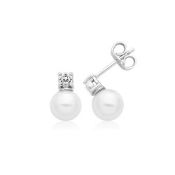 Silver Rhodium Plated Fresh Water Pearl/cz Earrings 7mm 