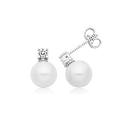 Silver Rhodium Plated Fresh Water Pearl/cz Earrings 8mm 