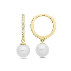 9ct Yel Gold Freshwater Pearl & Cz Drop Huggies 