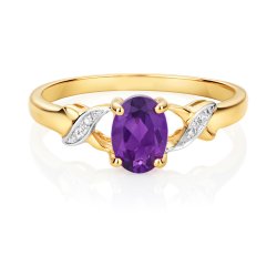 Diamond &amethyst Oval With Grain Set Plaited Shouders Ring In 9ct Gold 