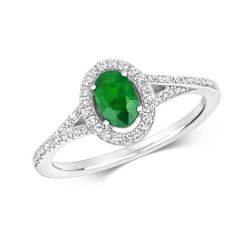 Diamond & Emerald Oval Cluster With Set Split Shoulders Ring In 9ct White Gold 