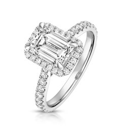 Lab Grown Certified Emerald Cut Halo Dia Set Shoulders In 18ct White Gold 