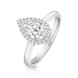 Lab Grown Certified Pear Shape Halo Plain Shoulders In 18ct White Gold 