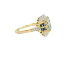 9ct Yellow Blue Topaz, Sapphire and diamond art deco style ring Size P
