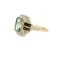 9ct Yellow Blue Topaz, Sapphire and diamond art deco style ring Size P